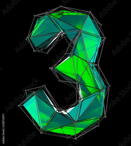 Number 3 three in low poly style green color isolated on black background. 3d