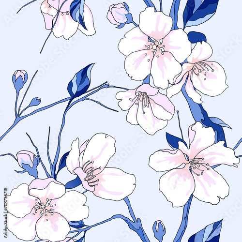 Fototapeta Naklejka Na Ścianę i Meble -  Seamless pattern, hand drawn pink sakura flowers with leaves with leaves on light blue background