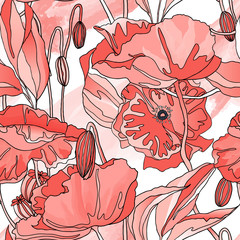 Acrylglasbilder Mohnblumenmuster Skizzierte Rote Mohnblumen Weisser Grund  © momosama