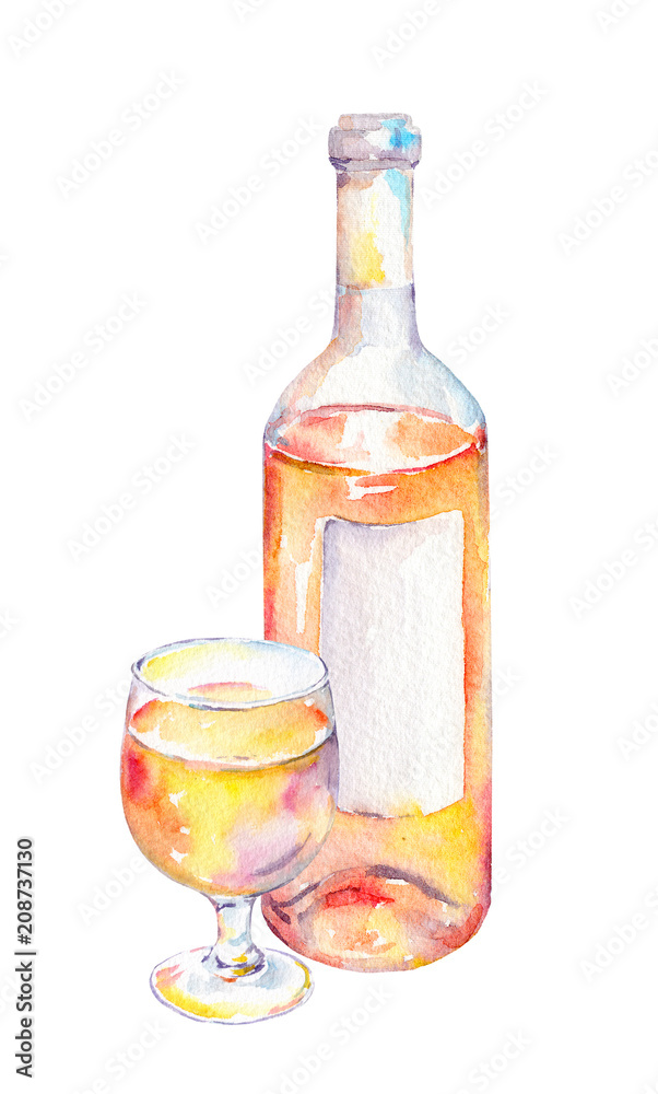 Wine glass, bottle with pink wine. Watercolor Wine glass, bottle with pink wine. Watercolor