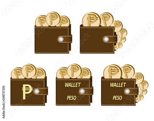 set of brown  wallets with peso coins