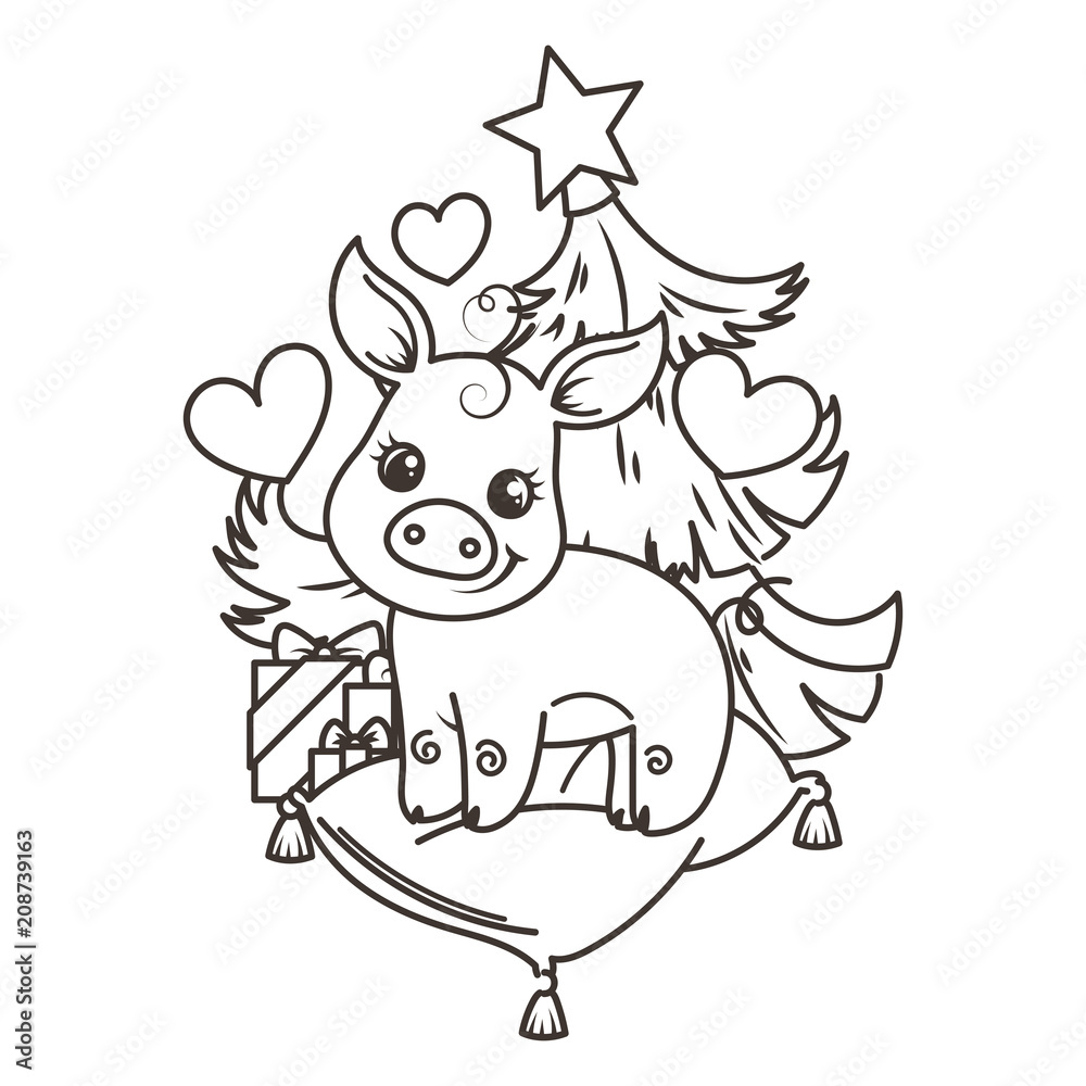 Happy New 2019 Year card with cartoon baby pig. Small symbol of holiday.
