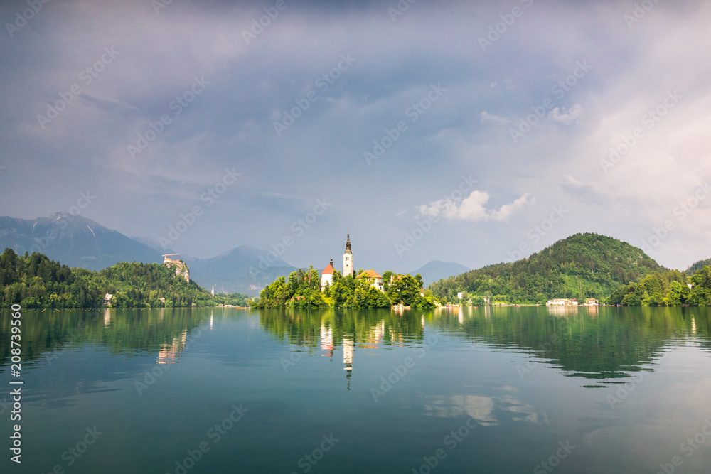 Church on the island on Lake Bled at sunny day, Slovenia