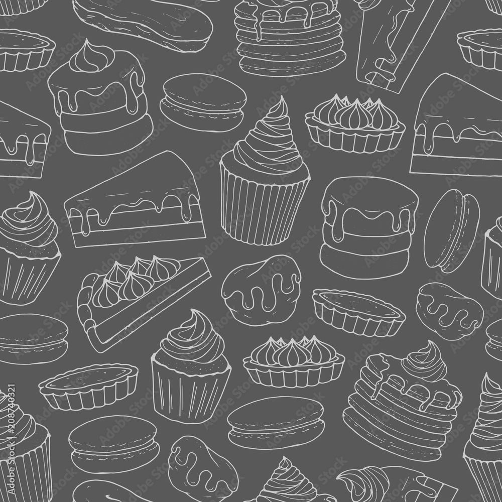 Vector pastry pattern with line art of cakes, pies, muffins, pancakes, macarons and eclairs on the blackboard background. Hand drawn sweet bakery in chalk sketch style.