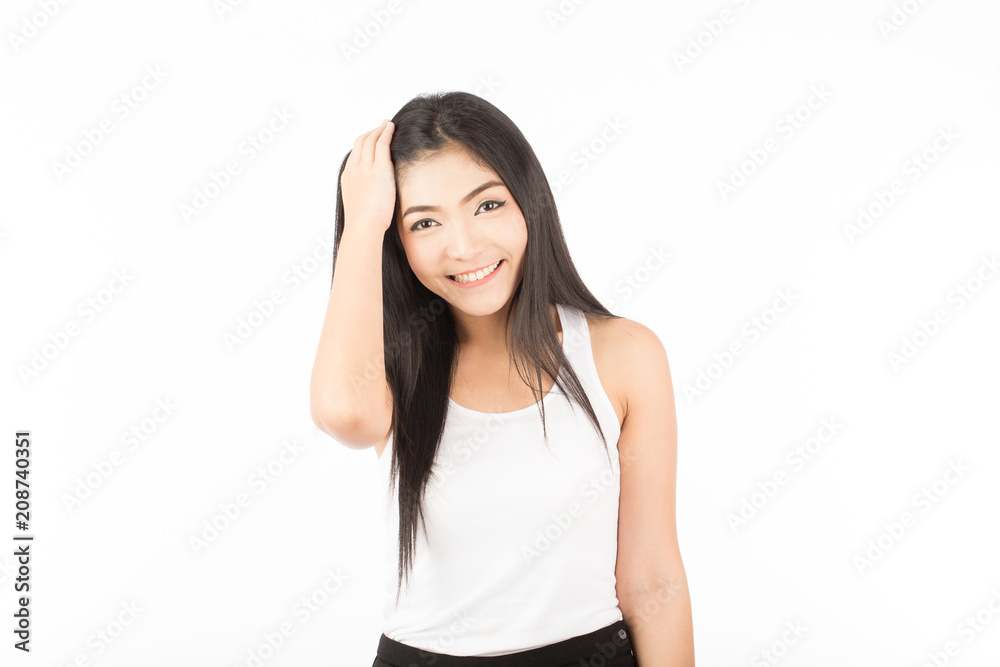 Beautiful Attractive Asian woman smile and touching smooth hair feeling so happiness with healthy skin,Isolated on white background,Beauty Haircare Concept Beautiful Attractive Asian woman smile and touching smooth hair feeling so happiness with healthy skin,Isolated on white background,Beauty Haircare Concept