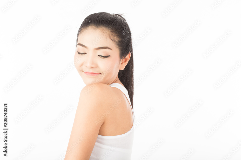 Beautiful Attractive Asian young woman smile and close her eyes feeling so happiness and cheerful with Healthy Skin,Isolated on white background,Beauty concept Beautiful Attractive Asian young woman smile and close her eyes feeling so happiness and cheerful with Healthy Skin,Isolated on white background,Beauty concept