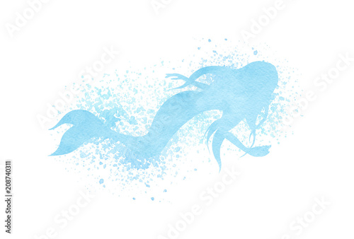 Watercolor mermaid silhouette with paint splatter in blue colors isolated on the white background. Abstract fantasy siren illustration.