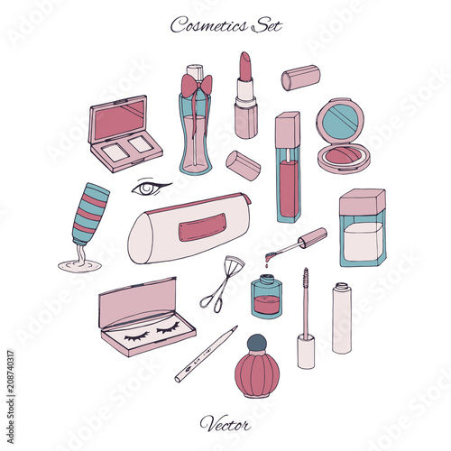 Vector cosmetics set with bottles, lacquer, lipstick, eye shadows, mascara and powder isolated on the white background. Hand drawn makeup products collection.