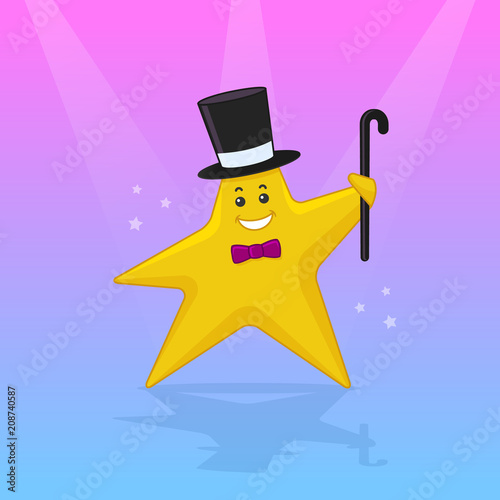 Show star cartoon character with top hat and cane performing on the stage vector illustration