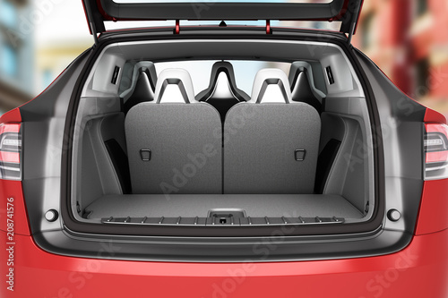 Empty car minivan trunk with folded rear seats A lot of space 3d render photo