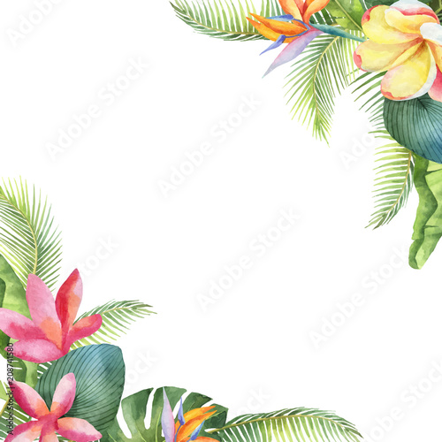 Watercolor vector card with tropical leaves and bright exotic flowers isolated on white background.