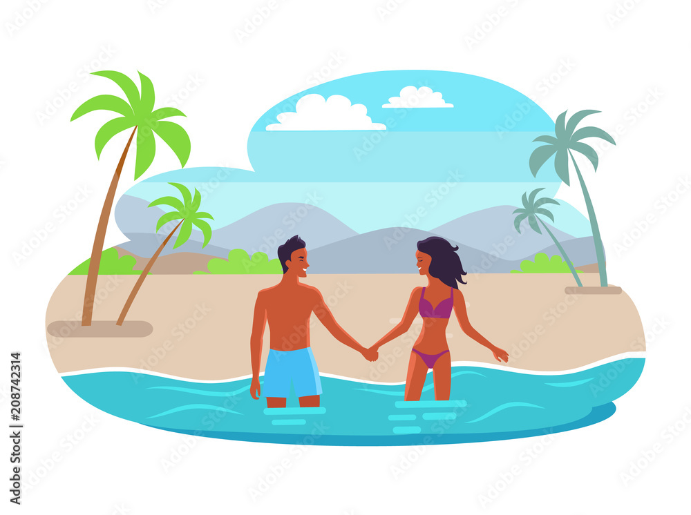 Suntanned Couples Hold Hands and Stand in Sea