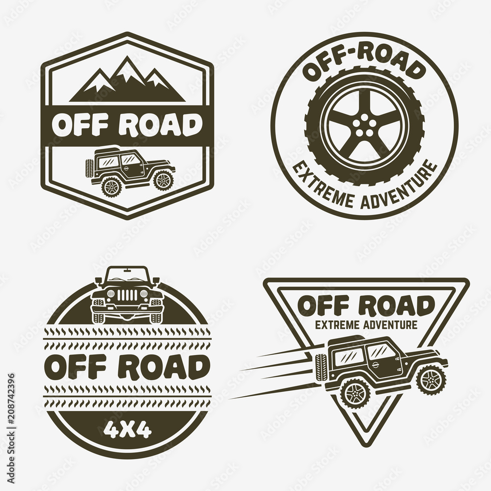Set of four off-road suv car monochrome emblems
