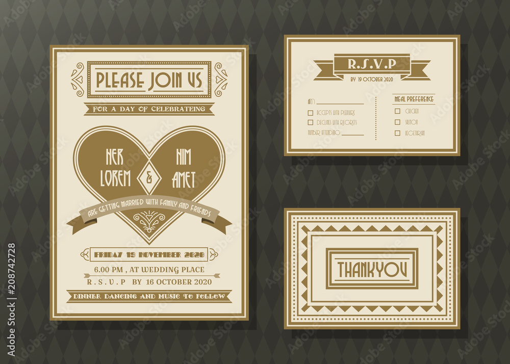 Vintage wedding invitation card vector template set.