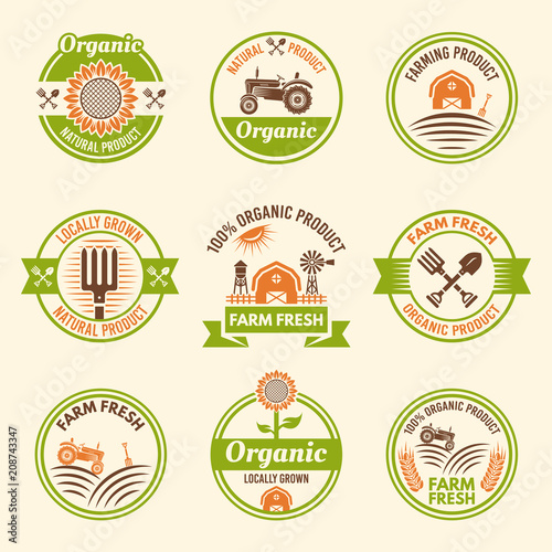Farming organic products colored vector emblems
