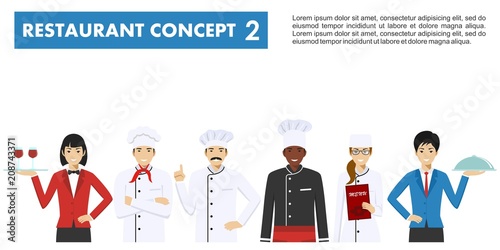 Restaurant team concept. Group of people characters: head chef, cooks, sommelier and waitress in different uniform and positions in flat style isolated on white background. Vector illustration.
