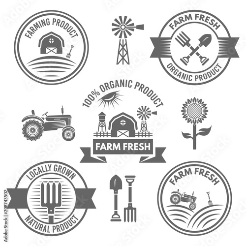 Farm fresh products vector labels, badges, emblems
