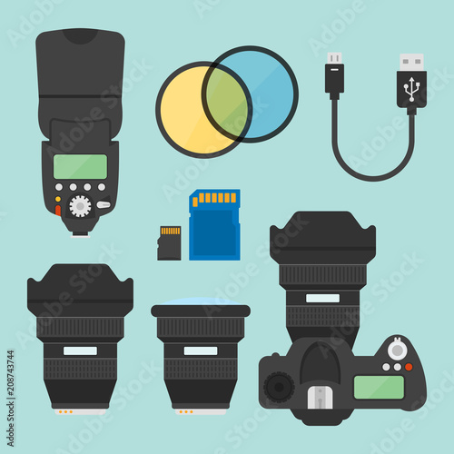 Photography equipments vector flat design elements