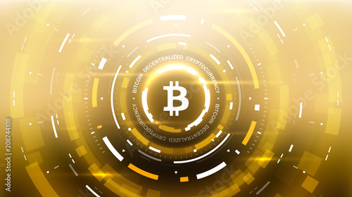 Golden bitcoin cryprocurrency futuristic vector illustration for background, HUD, graphic user interface, banner, business and finance infographics and more. Worldwide digital money blockchain system