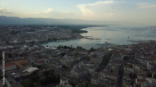sunset time geneva cityscape lakeside bay aerial panorama 4k switzerland
