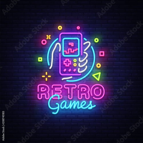 Retro Games Vector Logo. Retro geek gaming gamepad in hand neon sign, modern trend design, vivid vector illustration, promotional character games, Vintage sign. Vector Illustration