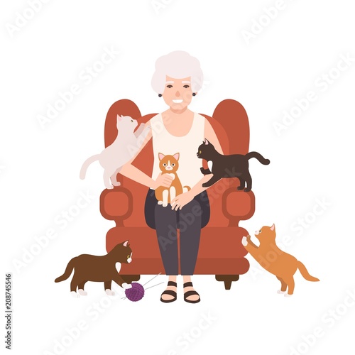 Old happy lady or grandmother sitting in comfy armchair surrounded by cats. Portrait of grandma at home. Smiling female flat cartoon character isolated on white background. Vector illustration.