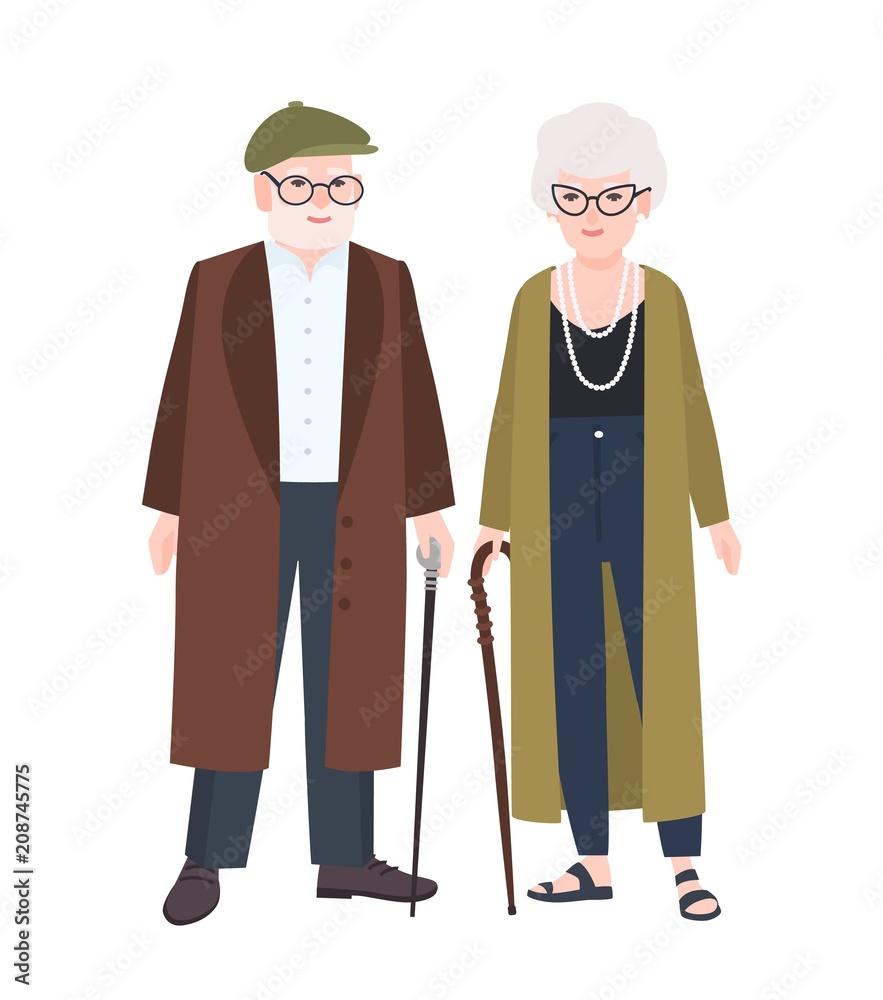 Cute elderly couple or grandparents. Pair of old man and woman with canes  dressed in elegant outerwear walking together. Flat male and female cartoon  characters. Colorful vector illustration. Stock Vector | Adobe