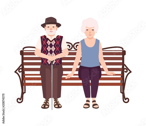 Old man and woman or grandparents sitting on bench. Portrait of elderly romantic couple relaxing outdoors. Male and female flat cartoon characters isolated on white background. Vector illustration.