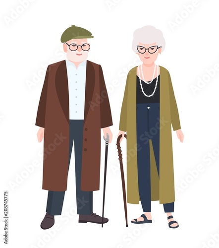 Cute elderly couple or grandparents. Pair of old man and woman with canes dressed in elegant outerwear walking together. Flat male and female cartoon characters. Colorful vector illustration.