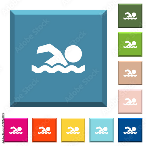 Swimming man white icons on edged square buttons