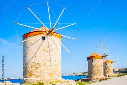 Historic Mandraki windmills in Rhodes Town, Rhodes Island, Mediterranean Sea, Greece