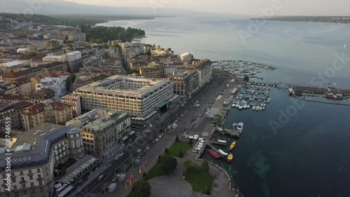 sunset time geneva lakeside bay cityscape aerial panorama 4k switzerland
