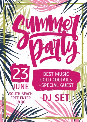 Bright colored invitation, poster or flyer template decorated with exotic pal...