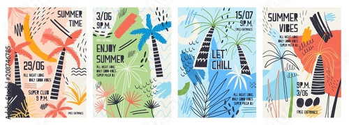 Collection of invitation or poster templates decorated with tropical palm trees, paint stains, blots and scribble for summer open air dance party. Vector illustration for summertime event promotion.