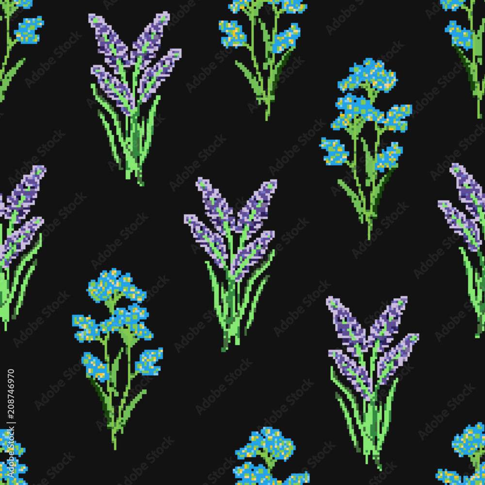 Botanical Seamless Pattern With Embroidered Blooming Lavender And Forget Me Not Flowers On Black Background Stock Vector Adobe Stock