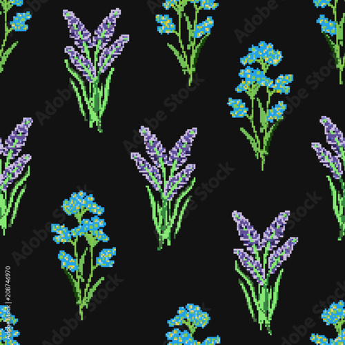 Botanical seamless pattern with embroidered blooming lavender and forget-me-not flowers on black background