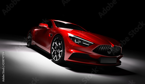 Fényképezés Modern red sports car in a spotlight on a black background.
