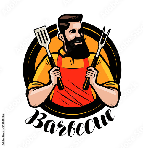 BBQ, barbecue logo or label. Chef or happy cook holding a grill tools spatula and fork. Cartoon vector illustration