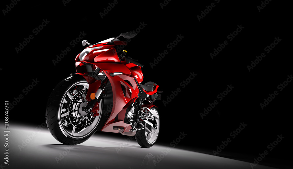 Obraz Frontowy widok czerwony sporta motocykl w świetle reflektorów