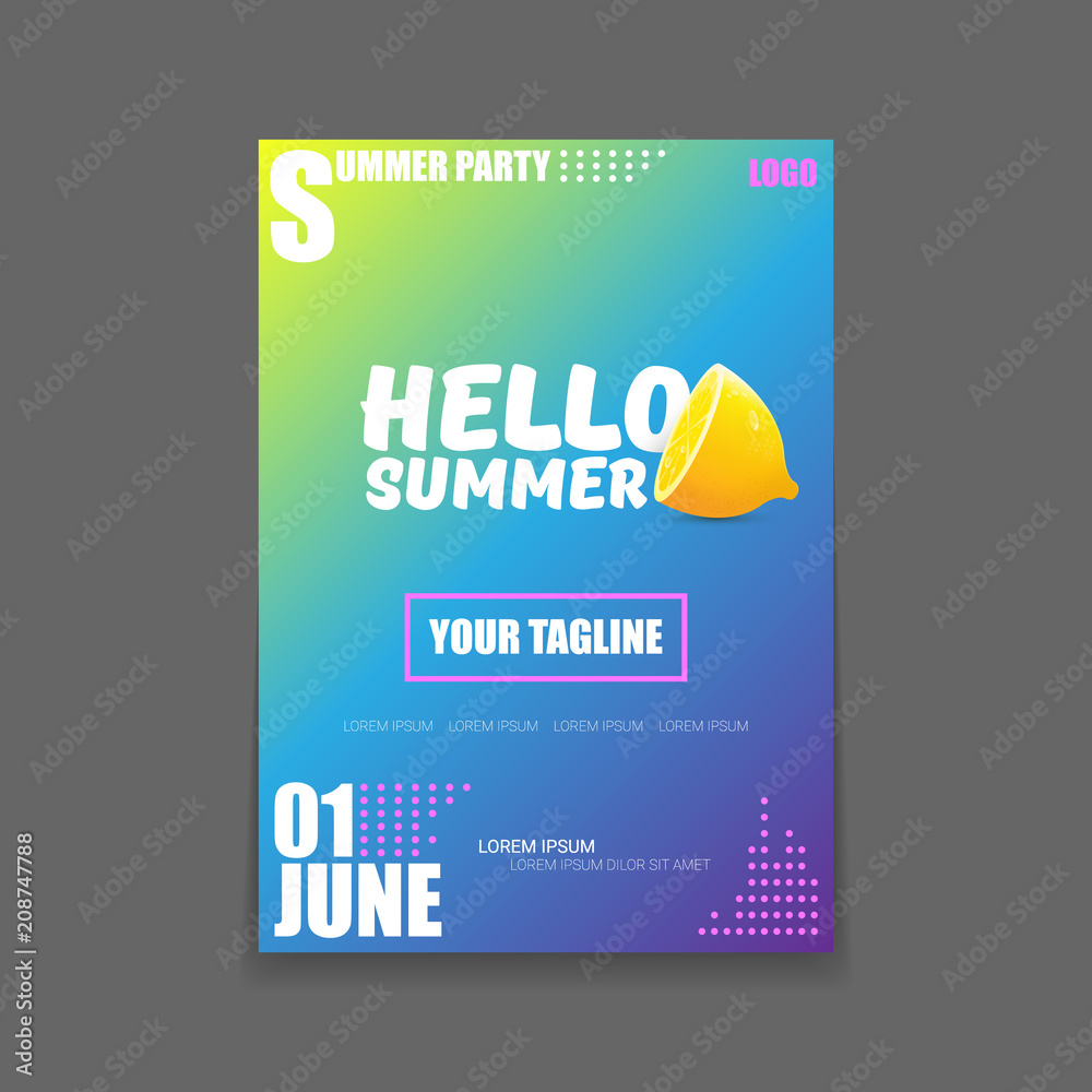 Obraz premium Vector Hello Summer Beach Party vertical A4 poster Design template or mock up with fresh lemon on gradient background. Hello summer concept label or flyer with orange fruit and typographic text.
