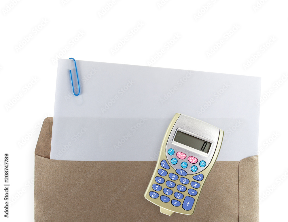 blank paper with clip in document envelope and colorful vintage cell phone shape calculator isolated on white blank paper with clip in document envelope and colorful vintage cell phone shape calculator isolated on white