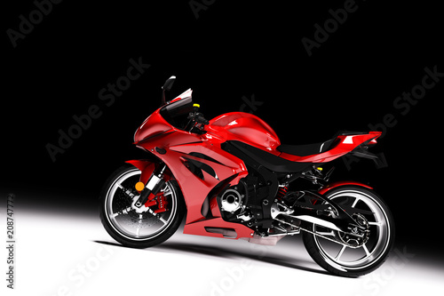 Fotografie Side view of red sports motorcycle in a spotlight