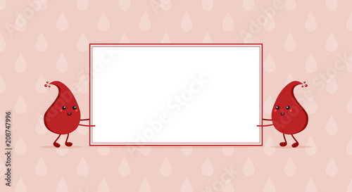 Couple of cute blood drop characters holding blank, empty card. Vector illustration, template for World Blood Donor Day.