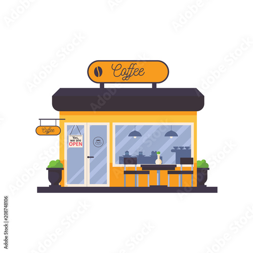 Outdoor scene with coffee shop storefront facade. Cafe with signboard on top, table and chairs in front, flower pot by side. Vector isolated on white house in yellow color, good for city scene element