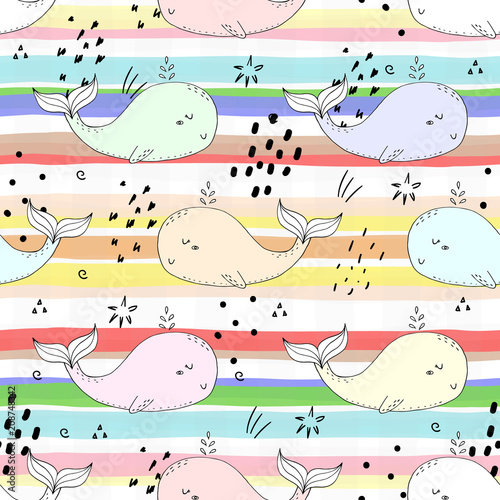 Cute background with cartoon whales. Baby shower design.