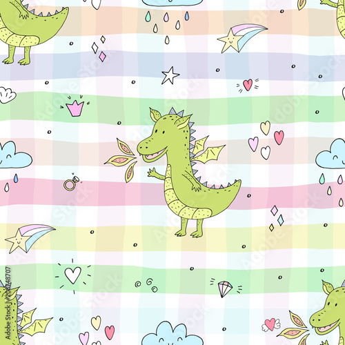 Cute hand drawn seamless pattern with funny dragons.