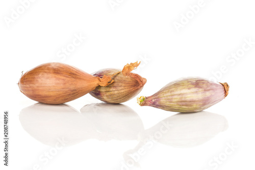 Three shallots isolated on white background comparing peeled and in a husk.
