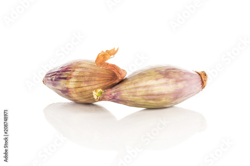 Two peeled green purple shallots isolated on white background.