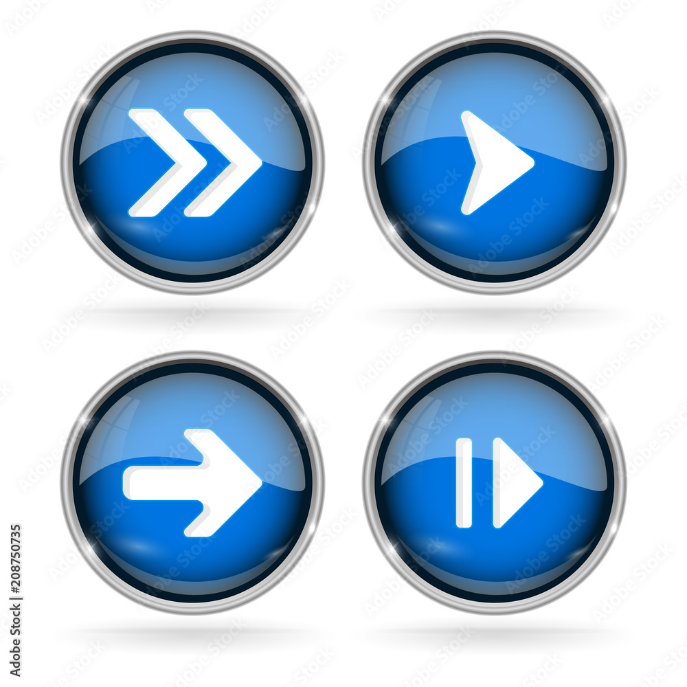 Blue Next buttons with chrome frame. Round glass shiny 3d icons with arrows Blue Next buttons with chrome frame. Round glass shiny 3d icons with arrows