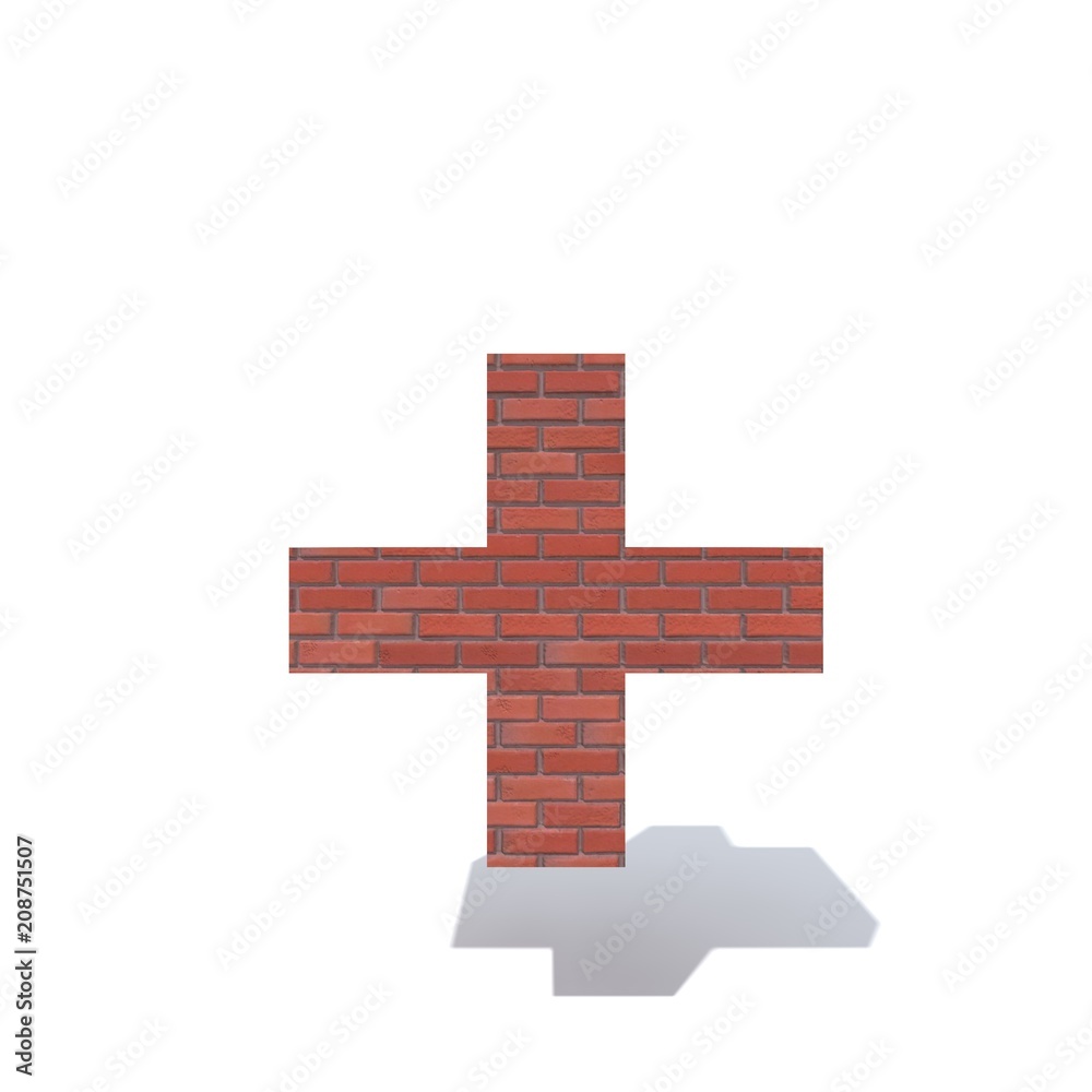 Conceptual red heavy rough masonry constructed font or type, brick construction industry piece isolated white background. Educative architecture material, aged texture surface 3D illustration design